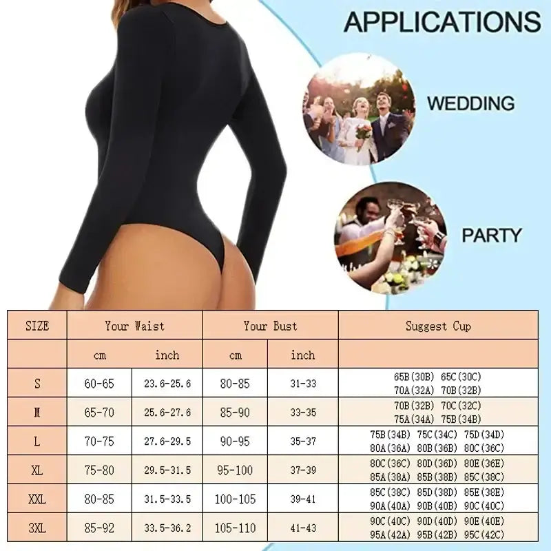 Black big u neck shapewear bodysuit from The Lady's Haven Boutique shown from back with long sleeves and thong style