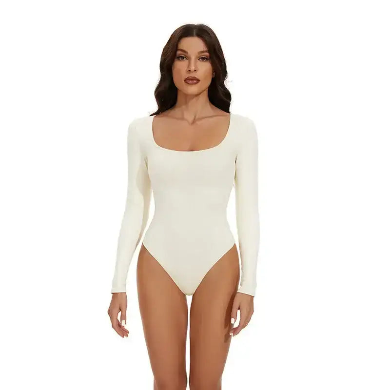 The Lady's Haven Boutique big u neck shapewear bodysuit in ivory with long sleeves and fitted design