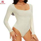 The Lady's Haven Boutique big u neck shapewear bodysuit in beige with long sleeves and seamless design