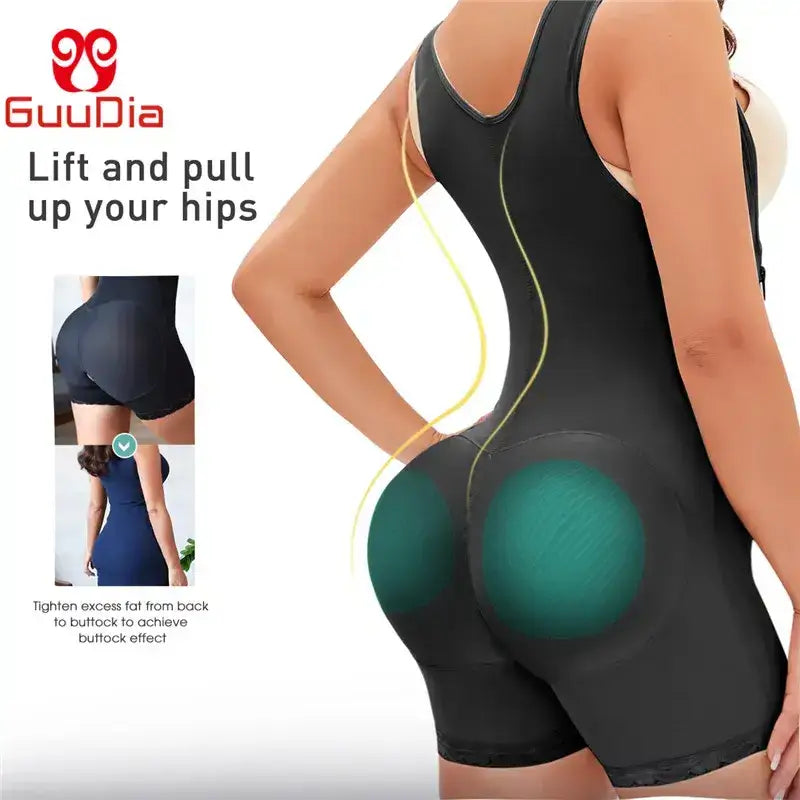 Colombian full body shaper for women lifting and pulling up hips in black compression fabric