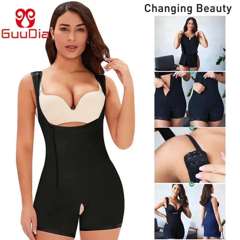 Colombian full body shaper for women black slimming garment with adjustable straps and zipper closure