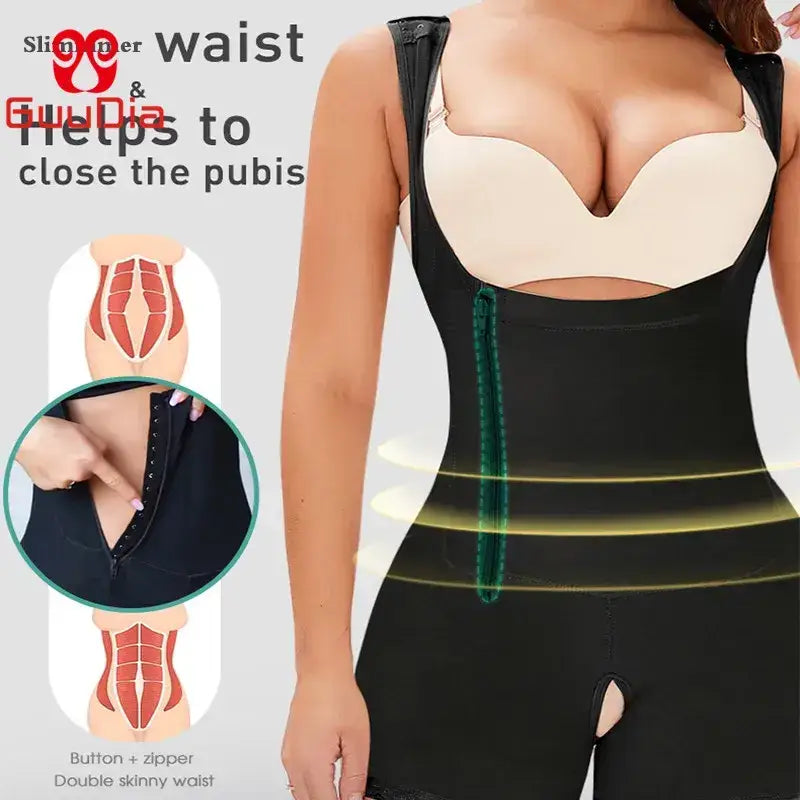 Colombian full body shaper for women in black slimming waist and tummy with button and zipper closure