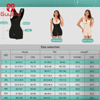 Colombian full body shaper for women in black and skin color showing front view and size chart