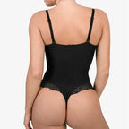 Back view of comfortable lace jumpsuit for ladies in black with adjustable straps and lace trim