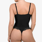 Back view of a black comfortable lace jumpsuit for ladies with adjustable straps and lace trim