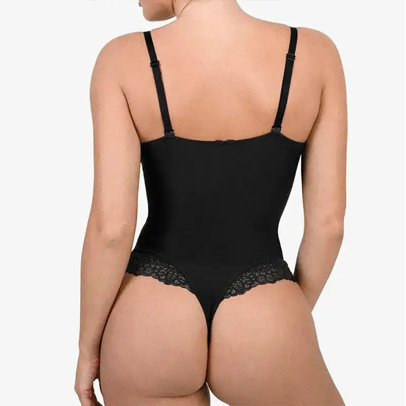 Back view of a black comfortable lace jumpsuit for ladies with adjustable straps and lace trim