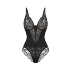 Black comfortable lace jumpsuit for ladies with intricate sheer lace detailing and adjustable straps