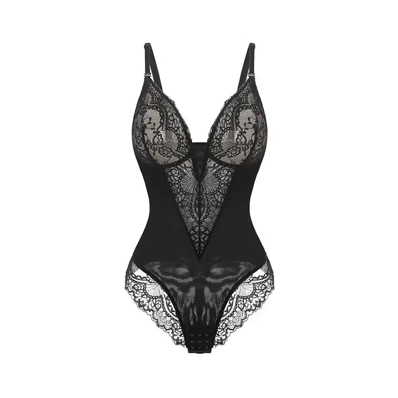 Black comfortable lace jumpsuit for ladies with intricate sheer lace detailing and adjustable straps