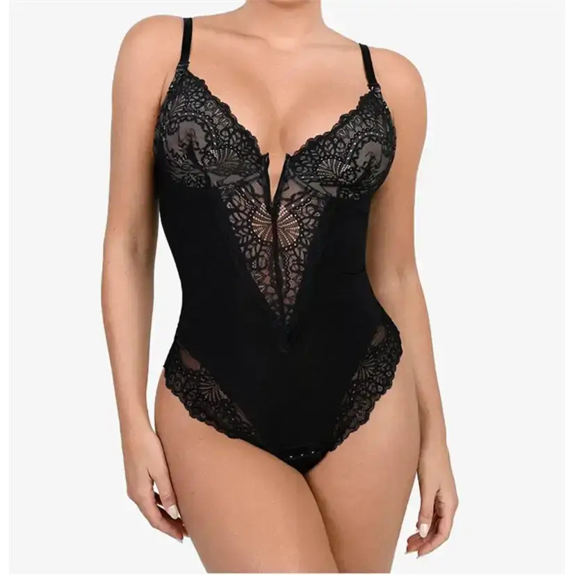 Comfortable lace jumpsuit for ladies in black with floral lace details and adjustable straps
