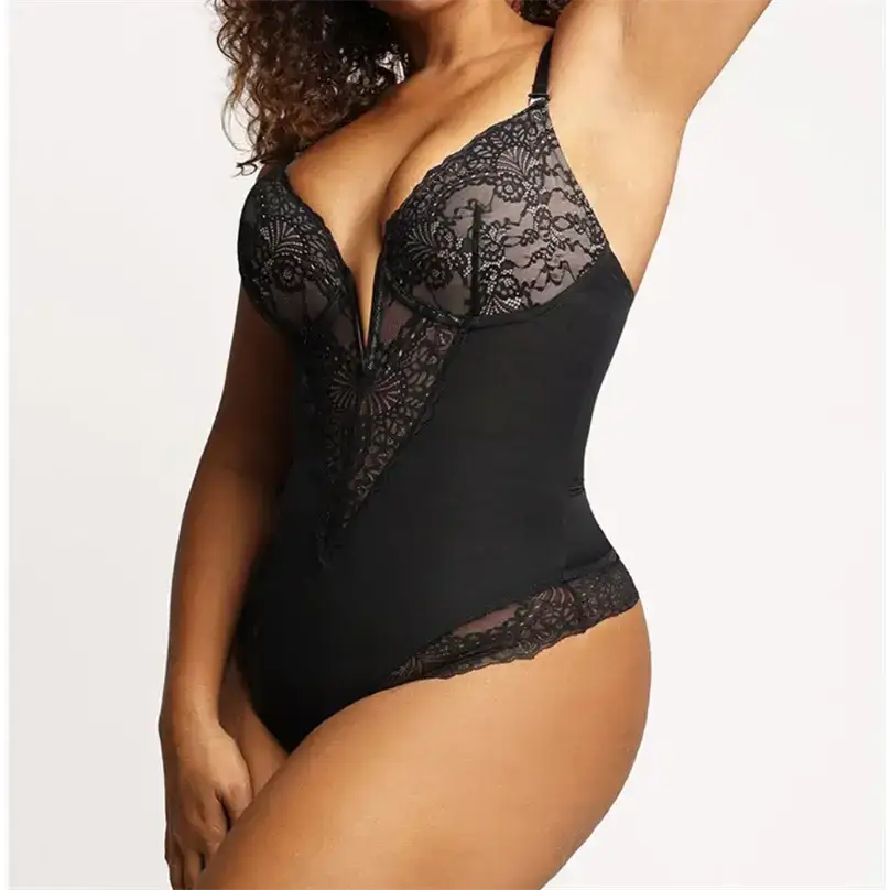 Black comfortable lace jumpsuit for ladies with sheer floral lace details and adjustable straps