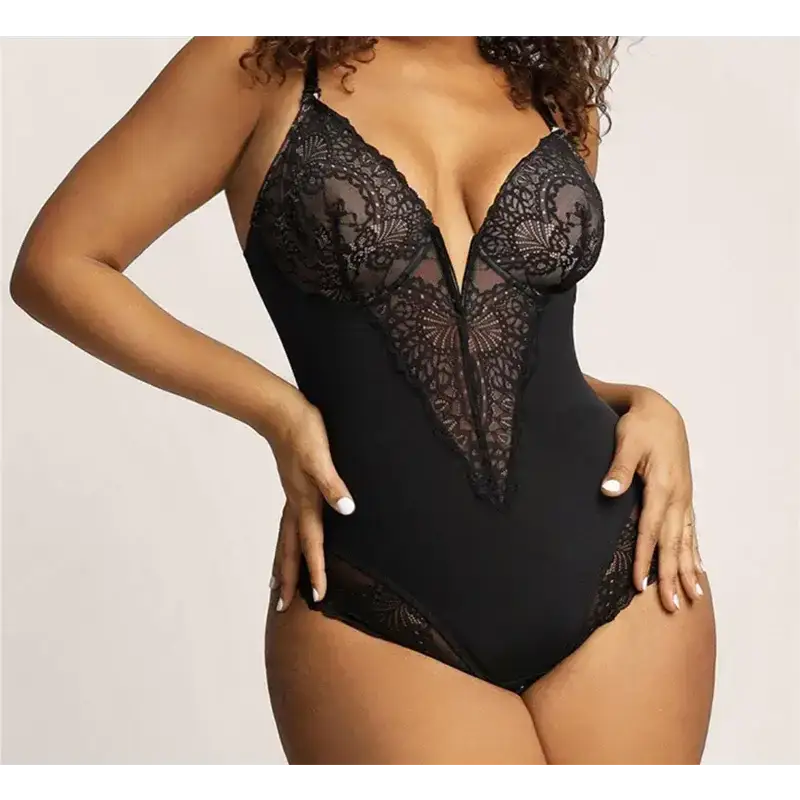 Black comfortable lace jumpsuit for ladies with sheer floral lace and adjustable straps