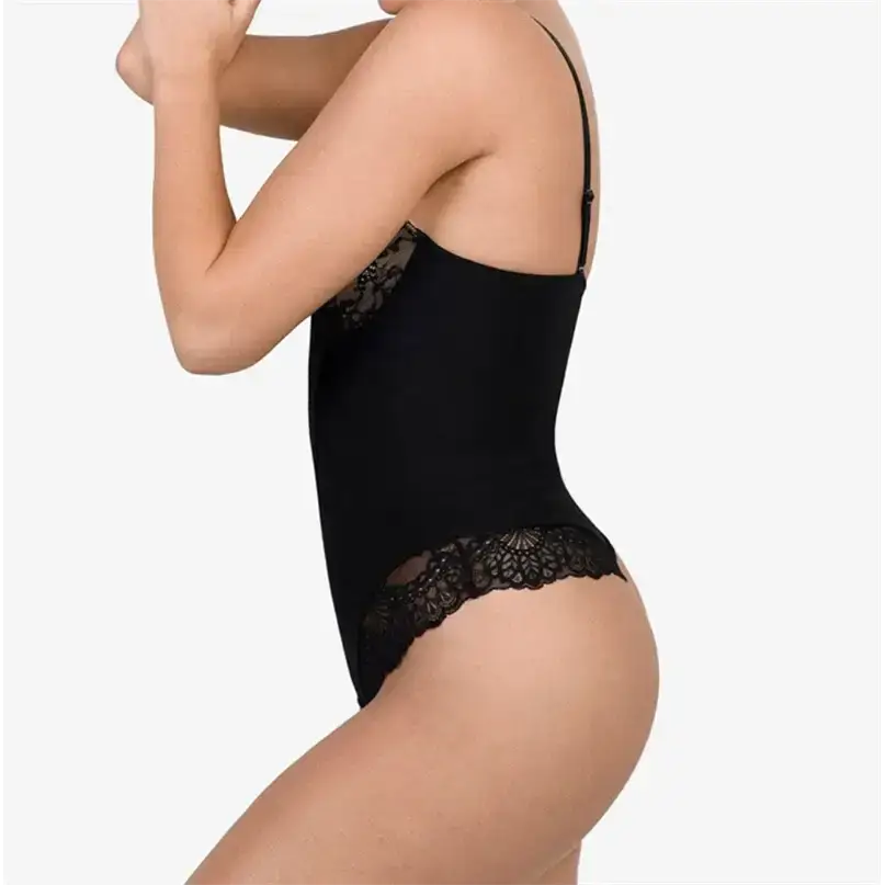Black comfortable lace jumpsuit for ladies with adjustable straps and lace trim on hips