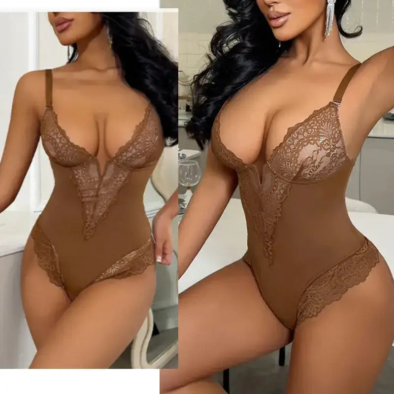 Comfortable lace jumpsuit for ladies in brown with delicate lace detailing from The Lady's Haven Boutique