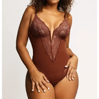 Comfortable lace jumpsuit for ladies in brown with delicate sheer floral lace details