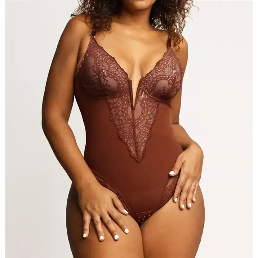 Comfortable lace jumpsuit for ladies in brown with delicate sheer floral lace details