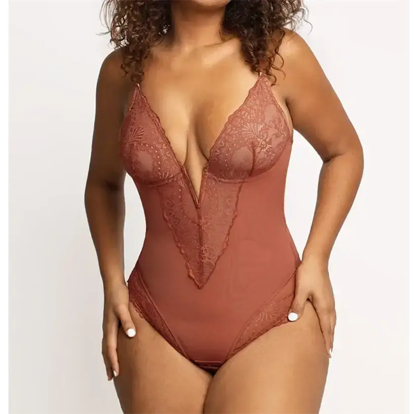 Comfortable lace jumpsuit for ladies in brown with deep V-neck and delicate lace detailing