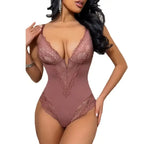 The Lady's Haven Boutique comfortable lace jumpsuit for ladies in mauve with deep V-neck and floral lace details