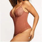 Comfortable lace jumpsuit for ladies in brown with sheer floral lace and adjustable straps