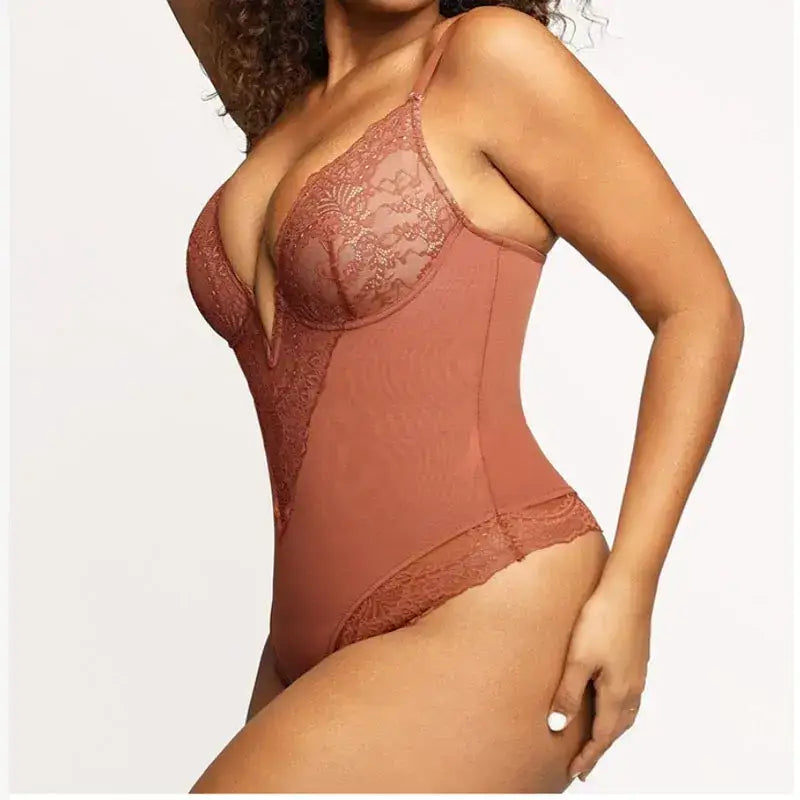 Comfortable lace jumpsuit for ladies in brown with sheer floral lace and adjustable straps
