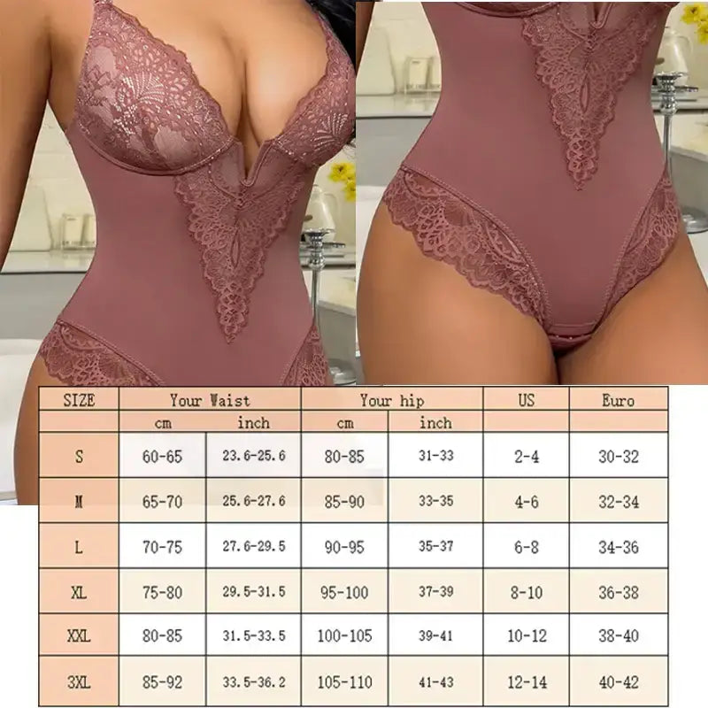 Comfortable lace jumpsuit for ladies in mauve with detailed floral lace design and deep V neckline