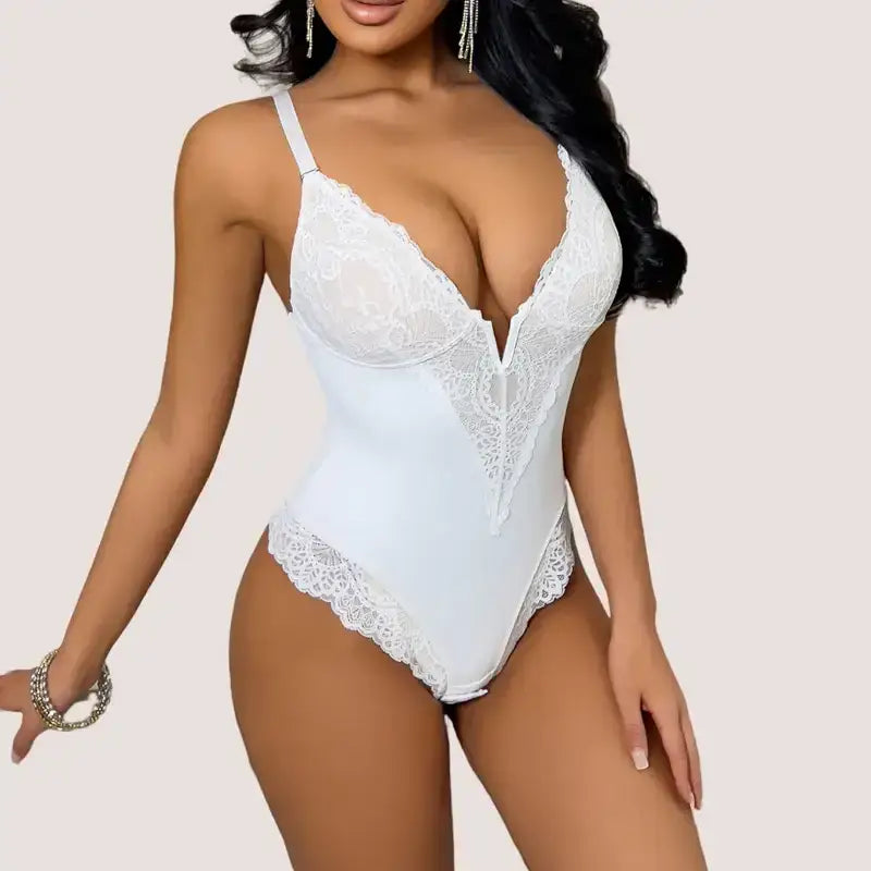 White comfortable lace jumpsuit for ladies with deep V neckline and lace trim detail