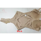 Beige push up full body shaper for women laid flat showing back side with adjustable straps