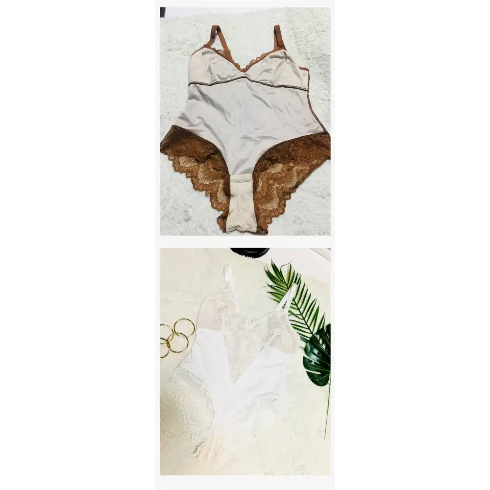 Two spaghetti strap sexy lace bodysuits in brown and white with delicate lace detailing
