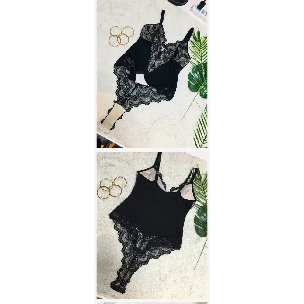 Black spaghetti strap sexy lace bodysuit with intricate lace detailing and scalloped edges from The Lady's Haven Boutique