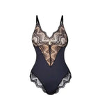 Black spaghetti strap sexy lace bodysuit with sheer lace detailing and scalloped edges