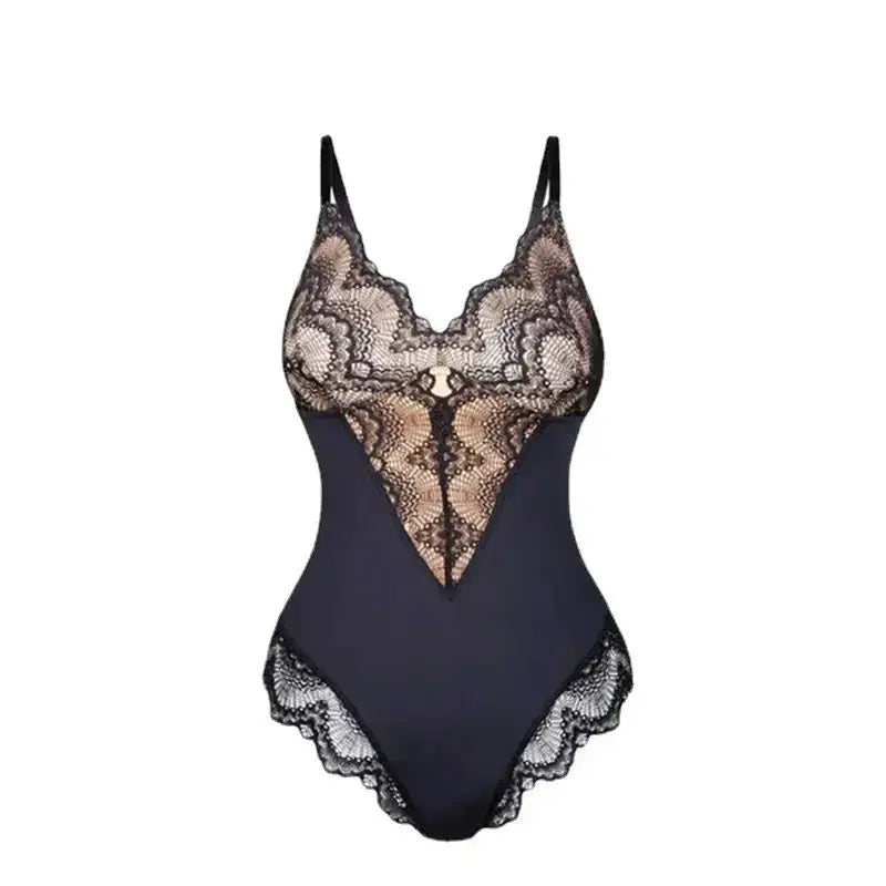 Black spaghetti strap sexy lace bodysuit with sheer lace detailing and scalloped edges