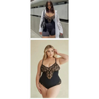 Spaghetti strap sexy lace bodysuit worn by women in black with sheer lace detailing and fitted design
