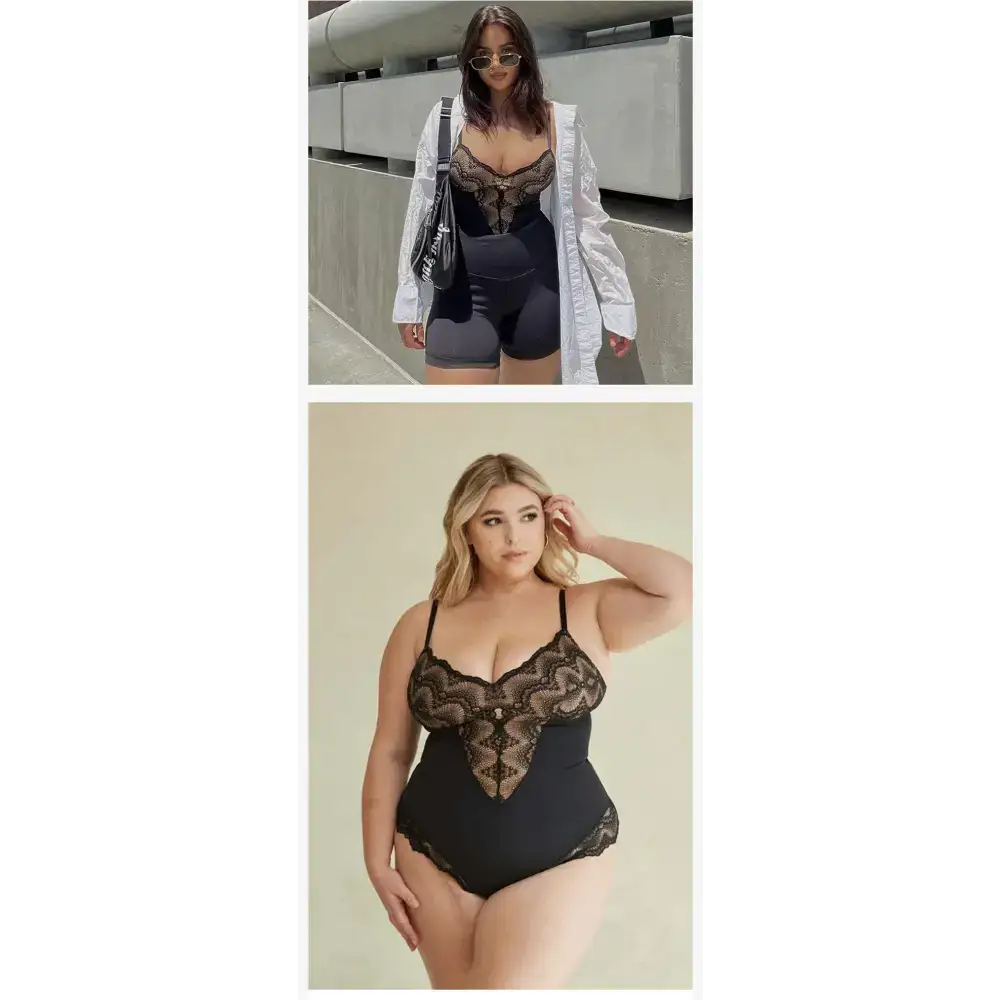Spaghetti strap sexy lace bodysuit worn by women in black with sheer lace detailing and fitted design