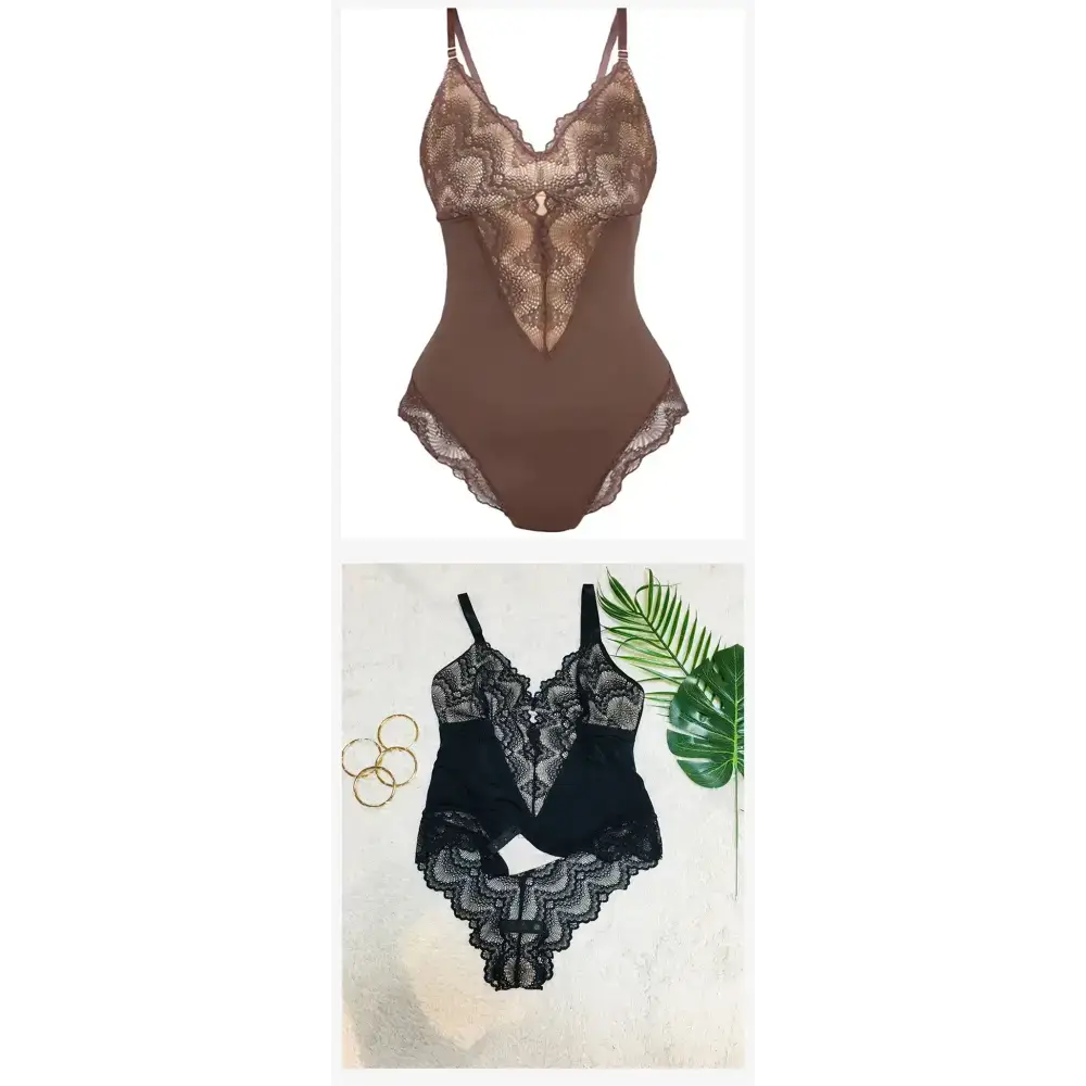 Spaghetti strap sexy lace bodysuit in brown and black with intricate lace details and sheer panels