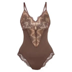 Brown spaghetti strap sexy lace bodysuit with delicate floral lace and adjustable straps