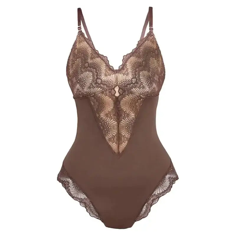 Brown spaghetti strap sexy lace bodysuit with delicate floral lace and adjustable straps