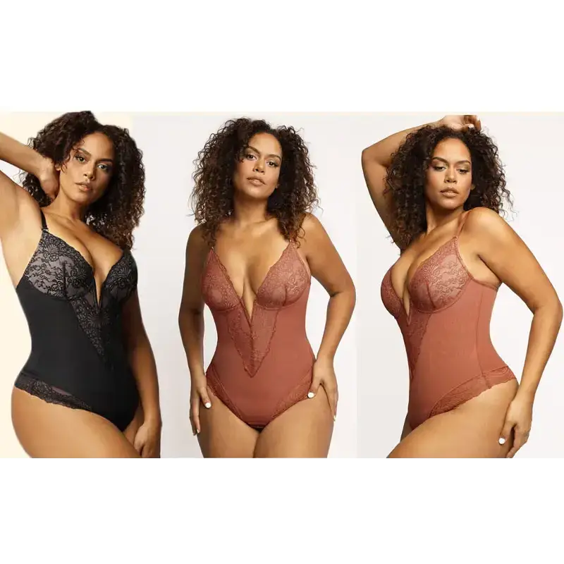 The Lady's Haven Boutique spaghetti strap sexy lace bodysuit in black and rust colors showcased by model