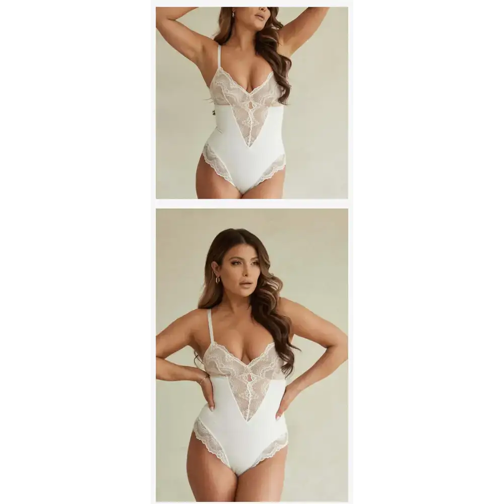 White spaghetti strap sexy lace bodysuit with intricate lace detailing and plunging neckline