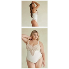 White spaghetti strap sexy lace bodysuit with delicate lace detail worn by two women in different poses
