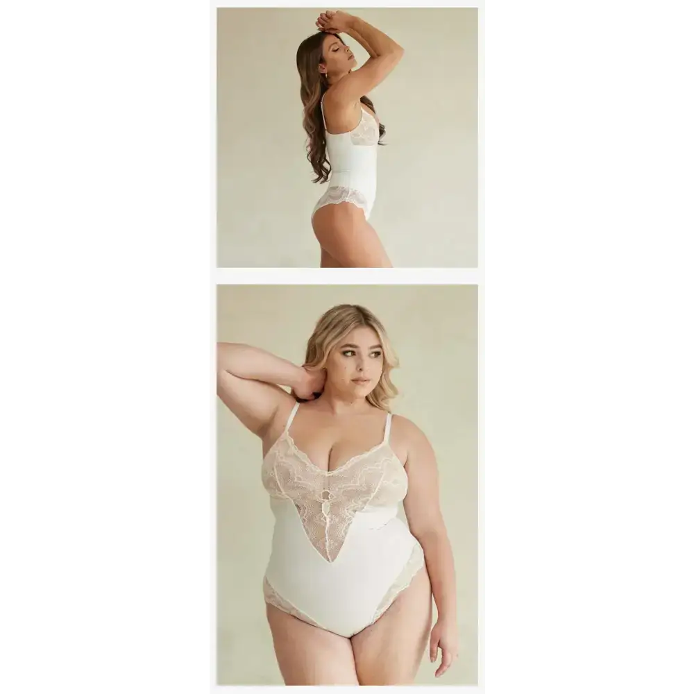 White spaghetti strap sexy lace bodysuit with delicate lace detail worn by two women in different poses