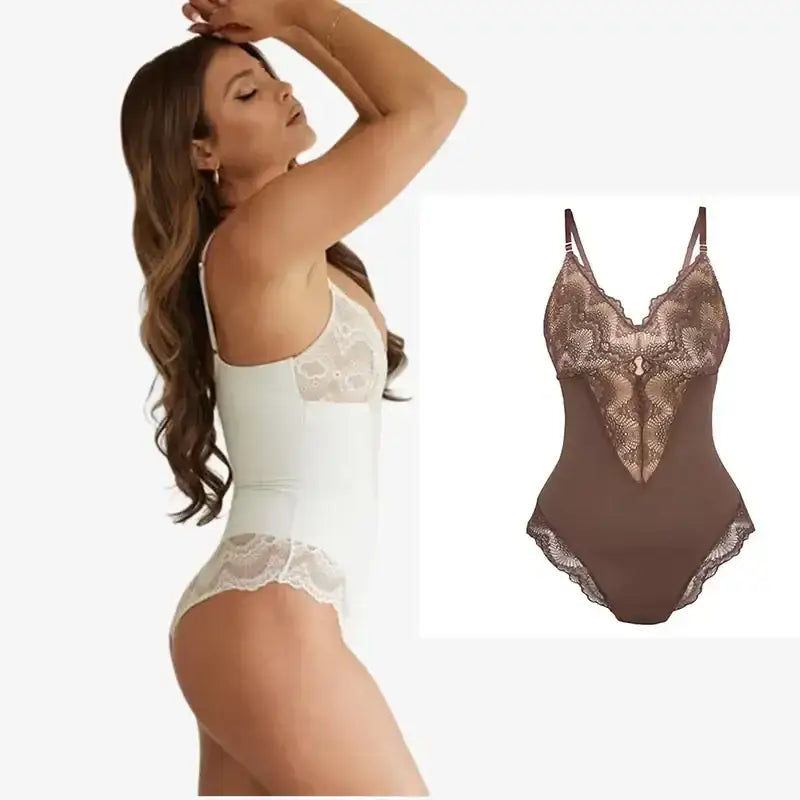 Spaghetti strap sexy lace bodysuit in white worn by model and shown in brown color from The Lady's Haven Boutique