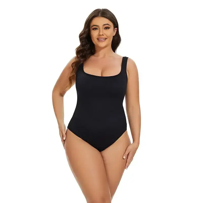 Black daily spandex body shapewear essentials bodysuit with wide straps and square neckline