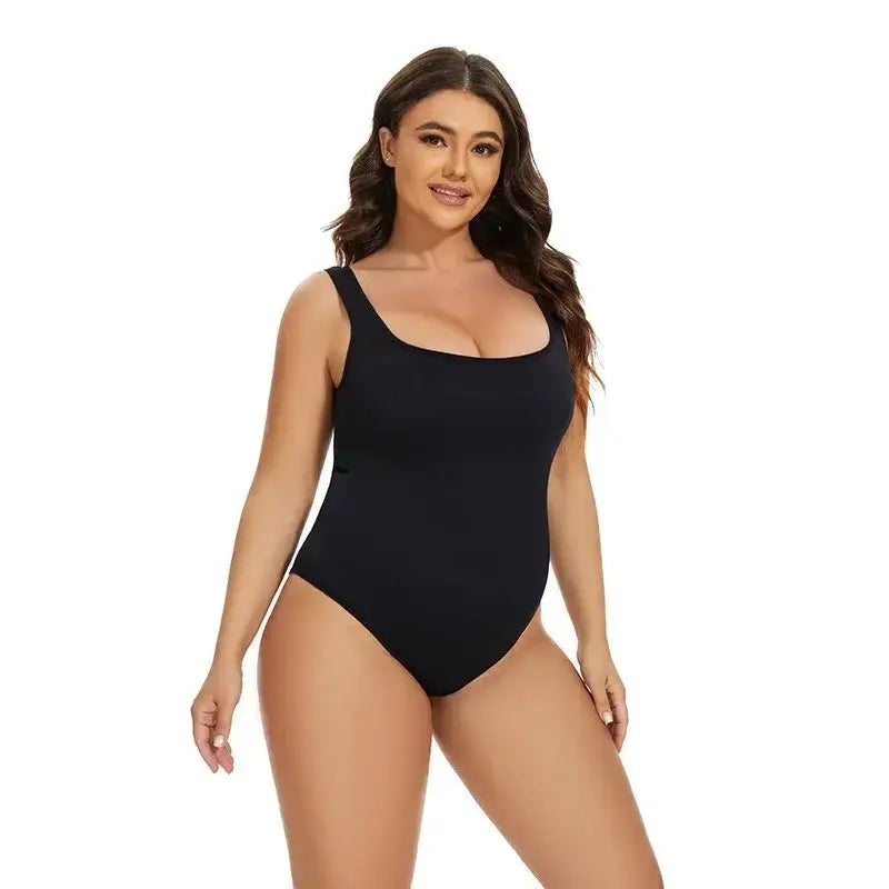 Black daily spandex body shapewear essentials worn by a smiling woman with sleeveless design