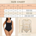 Size chart for daily spandex body shapewear essentials with model wearing black fitted shapewear bodysuit