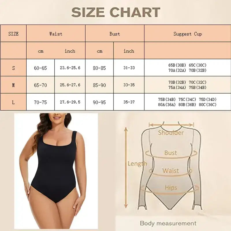 Size chart for daily spandex body shapewear essentials with model wearing black fitted shapewear bodysuit