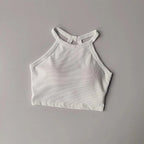 White ribbed gym top fitness camisole with unique back design for stylish workouts