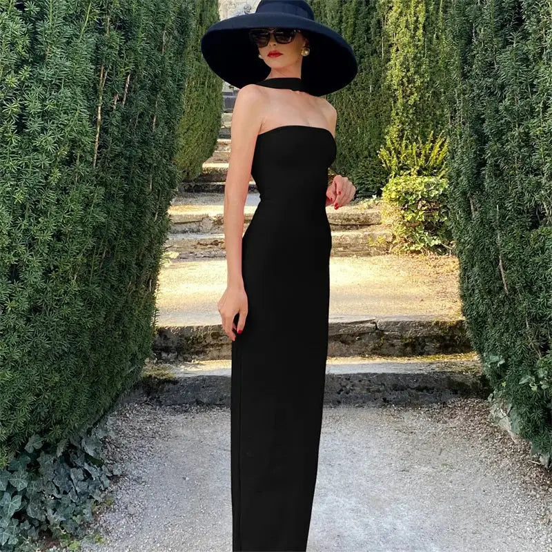 Mozision Halter Off-shoulder Sexy Maxi Dress Women Fashion Strapless Sleeveless Backless Bodycon Club Party Long