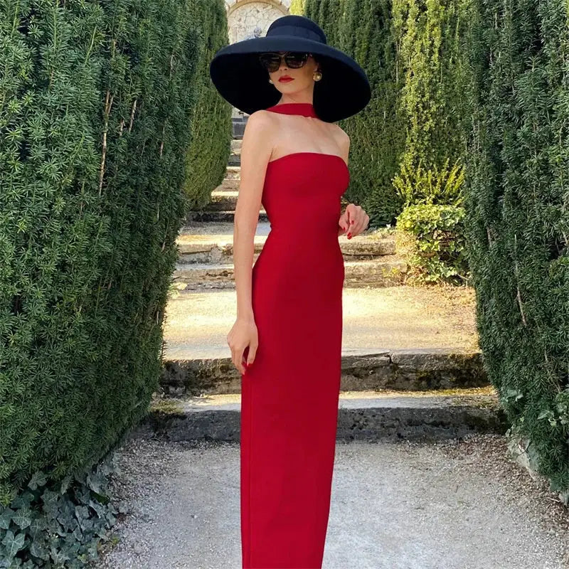 Mozision Halter Off-shoulder Sexy Maxi Dress Women Fashion Strapless Sleeveless Backless Bodycon Club Party Long