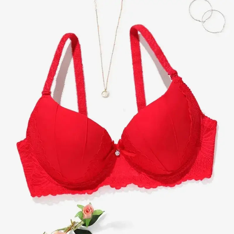 Hand Shap Foam Pad Bra Push Up Solid Color Floral Lace Bras for Women Underwire Brassiere 75B 80B 85B - Red / 80B