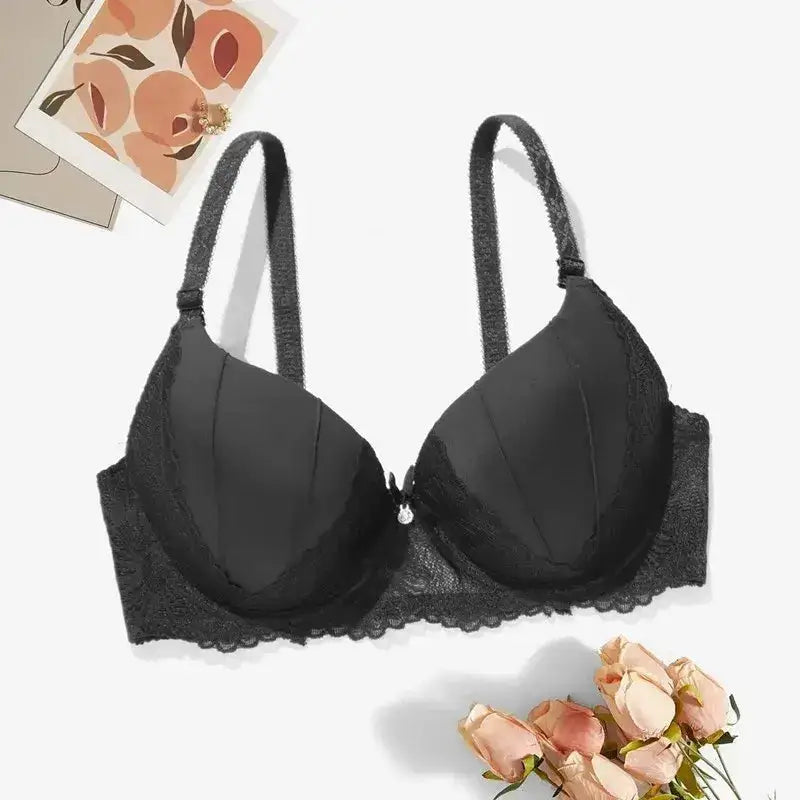 Hand Shap Foam Pad Bra Push Up Solid Color Floral Lace Bras for Women Underwire Brassiere 75B 80B 85B - Black / 85B
