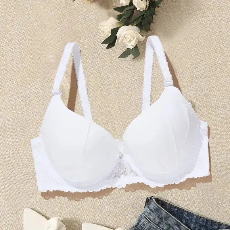 Hand Shap Foam Pad Bra Push Up Solid Color Floral Lace Bras for Women Underwire Brassiere 75B 80B 85B - White / 85B